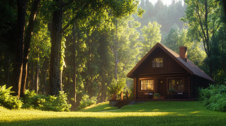 A charming wooden cabin nestled in a vibrant green forest, bathed in soft sunlight. This serene setting invites relaxation and connection with nature, perfect for getaway.の素材