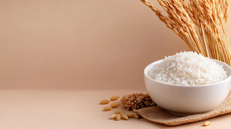 A serene arrangement of fresh white rice in a bowl surrounded by grains and wheat stalks, set against a soft beige background, emphasizing natural ingredients.の素材