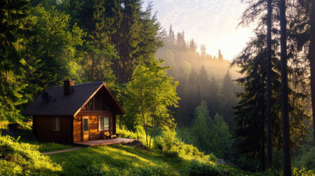 A serene wooden cabin nestled among lush green trees during sunrise, creating a peaceful retreat in the wilderness. Perfect for nature lovers seeking tranquility.の素材