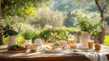 A charming outdoor setting featuring a rustic table adorned with fresh flowers, delicious food, and refreshing drinks, ideal for a cozy brunch in nature.の素材