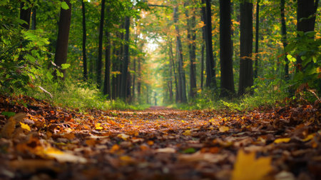 A tranquil forest pathway adorned with colorful autumn leaves invites exploration. Sunlight filters through lush trees, creating a serene outdoor scene.の素材