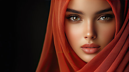 Captivating portrait of a woman in an orange hijab, showcasing her striking eyes and radiant skin. A perfect blend of elegance and cultural beauty.の素材