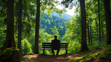 A tranquil scene depicting an individual seated on a bench in a lush green forest, surrounded by towering trees and bathed in warm sunlight, embodying peace and reflection.の素材