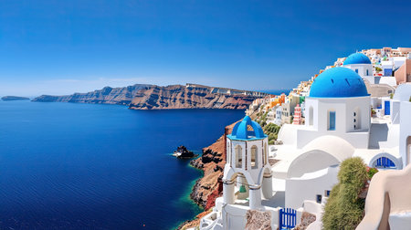 Experience the stunning scenery of Santorini, Greece, featuring iconic white buildings with blue domes, breathtaking coastal views, and a serene atmosphere.の素材