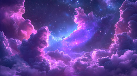 A captivating scene featuring a blend of purple and blue clouds illuminating a breathtaking cosmic sky, evoking a sense of wonder and tranquility.の素材
