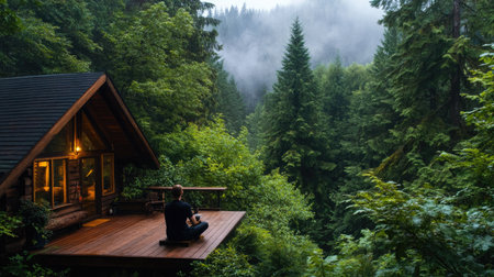 A tranquil scene featuring a cozy cabin nestled among dense green trees in a peaceful forest. Ideal for nature lovers seeking relaxation and inspiration.の素材