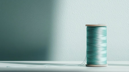 A serene composition featuring a spool of light blue thread sitting elegantly on a white surface, illuminated by soft natural light, ideal for crafting inspiration.の素材
