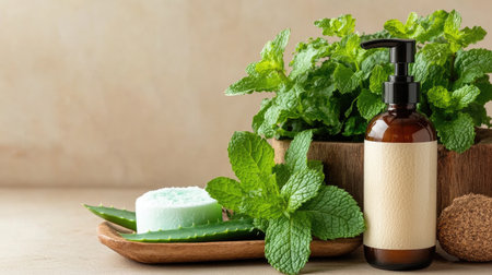 Discover a serene arrangement of herbal spa products featuring refreshing mint leaves, soothing aloe vera, and natural soap for a rejuvenating experience.の素材