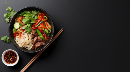 A vibrant Asian noodle bowl featuring tender beef, fresh vegetables, and aromatic herbs. Enhance your meals with this delicious recipe full of flavor.の素材