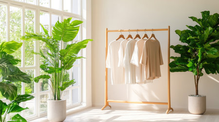 A bright and airy interior featuring a wooden clothing rack with neatly hung shirts, complemented by lush indoor plants and soft natural light.の素材