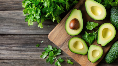 Vibrant green avocado halves on a wooden board with fresh herbs, perfect for healthy meals or snacks. A great choice for culinary displays and recipes.の素材