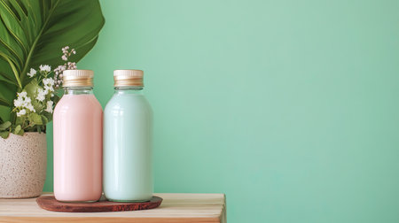 Two bottles of colorful milk, one pink and one turquoise, sit on a wooden table against a soft green backdrop, creating a fresh and inviting atmosphere.の素材