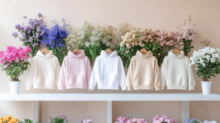 A beautiful arrangement of colorful hoodies in soft pastel shades, surrounded by fresh flowers. Perfect for showcasing fashion in a serene, elegant setting.の素材