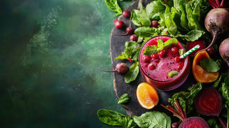 Enjoy a vibrant and refreshing berry beet juice surrounded by fresh vegetables and greens. Perfect for anyone seeking healthy nutrition and natural energy.の素材