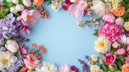 A vibrant floral arrangement featuring various colorful flowers set against a light blue background, perfect for spring-themed designs and projects.の素材