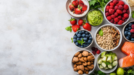 This image showcases a vibrant arrangement of fresh and healthy foods including fruits, nuts, and salmon, perfect for promoting wellness and healthy eating.の素材
