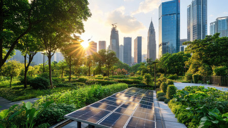 A vibrant urban park featuring solar panels with a backdrop of skyscrapers and sunlight. The image reflects a blend of nature and modern technology in a city setting.の素材