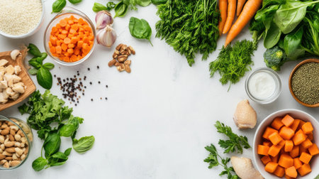 A vibrant display of fresh vegetables and herbs arranged on a clean white surface, ideal for healthy cooking and meal preparation. Perfect for culinary inspiration.の素材