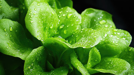 Close-up of a fresh green lettuce leaf covered in glistening water droplets, showcasing its vibrant texture against a dark backdrop, perfect for healthy eating themes.の素材