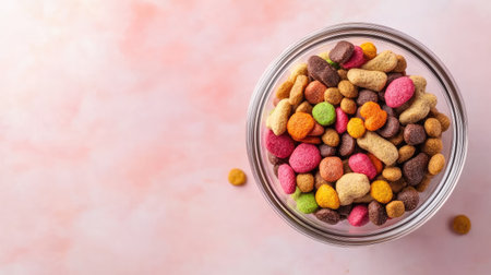 A vibrant mix of colorful pet food sits in a clear glass bowl, resting on a soft pink background. Ideal for showcasing nutritious pet dietary options.の素材