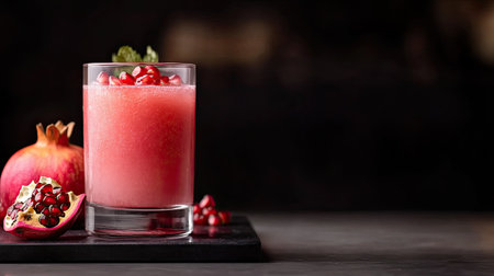 A vibrant pomegranate cocktail served in an elegant glass with fresh fruit garnish. This refreshing drink captures summer's essence and invites indulgence.の素材