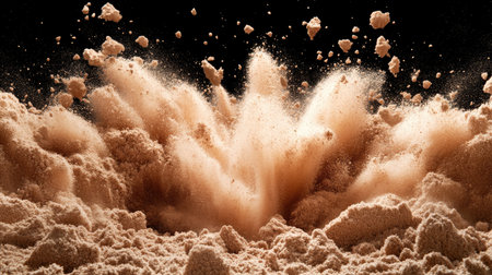 A captivating image of a brown powder explosion, creating an impressive dust cloud effect. The motion reveals an interplay of textures and particles.の素材