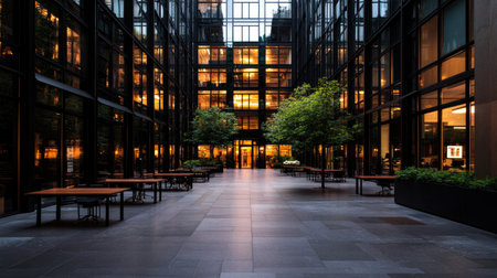 A stunning modern urban courtyard featuring glass walls, trees, and ambient evening light that creates a tranquil space for relaxation in the city.の素材