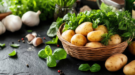 Fresh potatoes sit in a rustic basket surrounded by aromatic herbs and garlic on a dark kitchen table. This composition highlights natural ingredients perfect for culinary inspiration.の素材