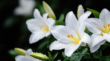 Stunning close-up of white lilies adorned with water droplets, showcasing their delicate petals and vibrant yellow stamens, surrounded by lush green leaves.の素材