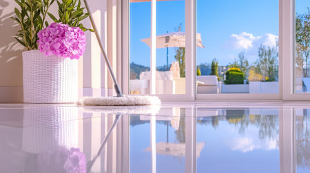 A serene interior scene showcasing a clean floor with a mop and a picturesque view through the windows. Delicate flowers add a touch of elegance.の素材