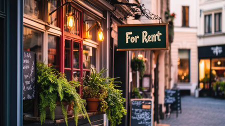 This inviting storefront features a 'For Rent' sign, surrounded by vibrant plants and warm evening lights, perfect for potential renters and entrepreneurs.の素材