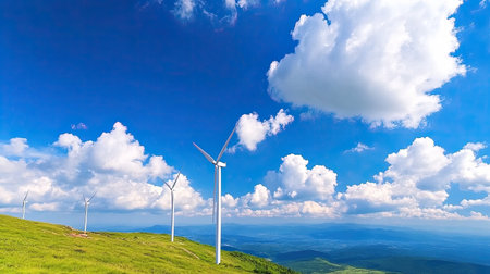 Scenic view of wind turbines on a green hillside under a vibrant blue sky filled with clouds. A perfect representation of renewable energy and clean technology.の素材