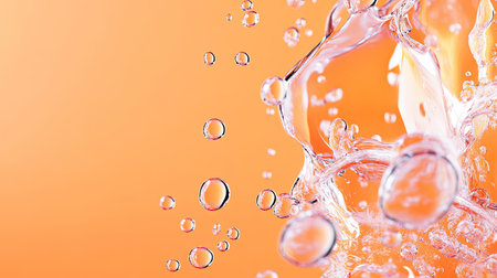 This stunning image captures clear water droplets splashing against a vibrant orange background. The dynamic movement and bright colors create a refreshing and invigorating visual experience.の素材
