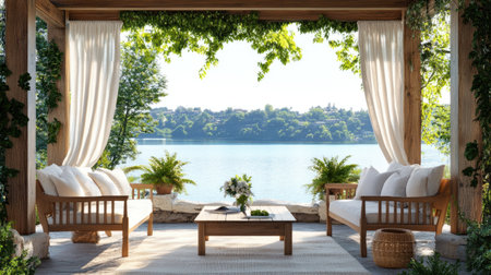 Experience a serene outdoor living space featuring comfortable wooden furniture, lush greenery, and a picturesque lake view, perfect for relaxation and tranquility.の素材