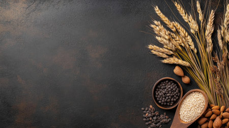 A beautiful arrangement of assorted natural ingredients including seeds, grains, and nuts on a dark surface, perfect for culinary themes and healthy lifestyle.の素材