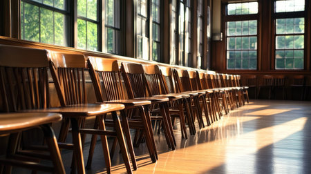 A row of wooden chairs bathed in warm sunlight creates a serene and inviting atmosphere. The large windows enhance the cozy feel of this spacious interior.の素材