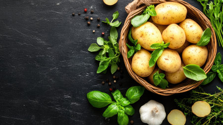 A woven basket filled with fresh potatoes rests on a dark surface, surrounded by vibrant herbs and spices, perfect for culinary inspiration and food art.の素材