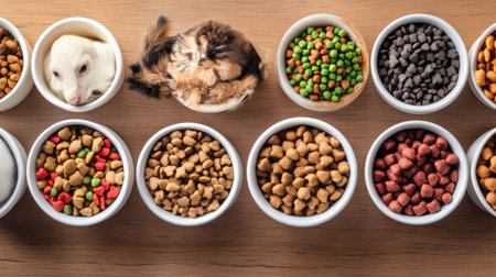 A beautifully arranged display of various pet foods alongside small animals in bowls highlights nutritional options for different pets. Each bowl offers a unique food variety.の素材
