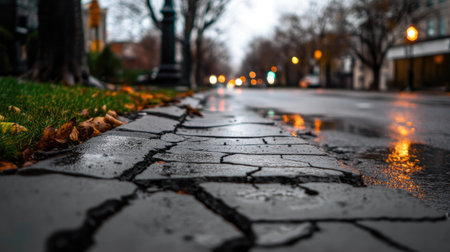 A close-up view of cracked pavement under rain, reflecting city lights. The autumn foliage adds depth to this serene urban scene, evoking a calm atmosphere.の素材