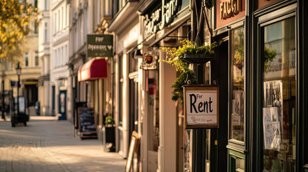 A serene urban scene showcasing charming storefronts with a visible "For Rent" sign. The peaceful ambiance highlights the beauty of vacant commercial spaces waiting for new opportunities.の素材