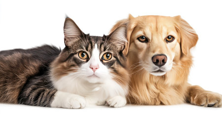 A beautiful cat and golden retriever dog lie close together, showcasing their bond and affection. This heartwarming image captures the essence of pet companionship.の素材