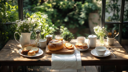 A serene breakfast scene featuring a wooden table set with fresh bread, fruits, and floral arrangements, surrounded by natural greenery and soft morning light.の素材