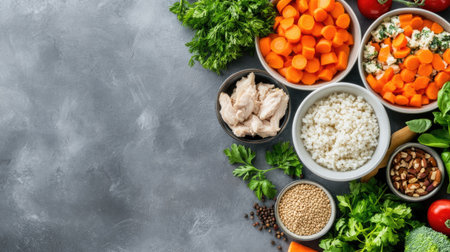 Vibrant assortment of fresh ingredients including carrots, chicken, rice, and herbs arranged on a gray surface, ideal for healthy meal preparation and recipe inspiration.の素材