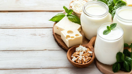Explore an enticing arrangement of fresh dairy products, including milk, yogurt, and cheese, beautifully presented with mint leaves on a rustic wooden board.の素材