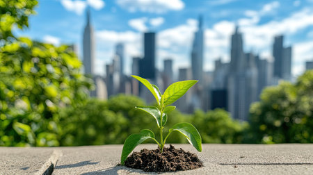 A young green plant emerges from dark soil with a sprawling city skyline in the background. This image captures the contrast between urban life and nature, symbolizing hope and growth.の素材