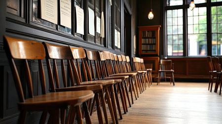 A row of empty wooden chairs creates a cozy atmosphere in a vintage cafe setting. The warm wooden tones and natural light enhance the inviting space for relaxation.の素材