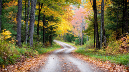 A scenic, winding dirt road meanders through a vibrant autumn forest filled with colorful leaves. The serene atmosphere invites exploration and connection with nature.の素材