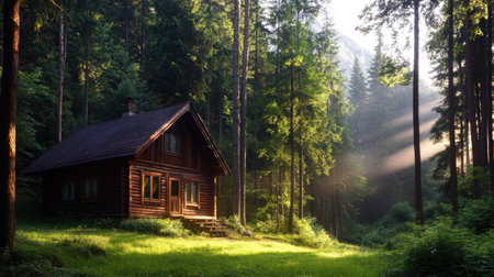 A serene wooden cabin nestled among tall trees, bathed in gentle morning light. This tranquil forest scene invites relaxation and adventure in nature's embrace.の素材