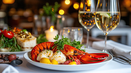Indulge in an elegant seafood dinner featuring lobster, paired with fine white wine. Ideal for romantic evenings or special celebrations in upscale dining settings.の素材