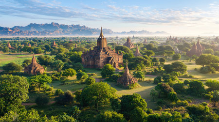 Experience the breathtaking beauty of sunrise illuminating ancient temples in the Bagan Plain of Myanmar, surrounded by vibrant greenery and serene landscapes.の素材